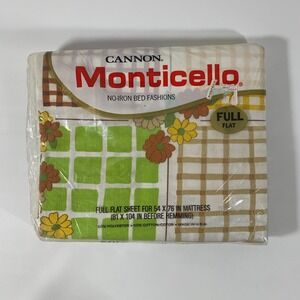 Vintage Cannon Monticello Full Flat Sheet Floral Patchwork Green Brown Yellow